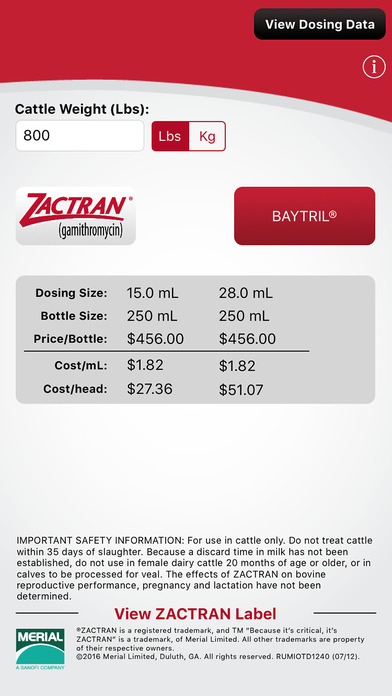 Zactran Cost Calculator