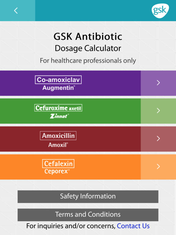 GSK Antibiotic Dosage Calculator for iPad